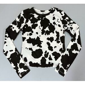 Black White Cow Animal Print Long Sleeve Thermal Shirt Top Blouse Tee Size S 🤍🖤